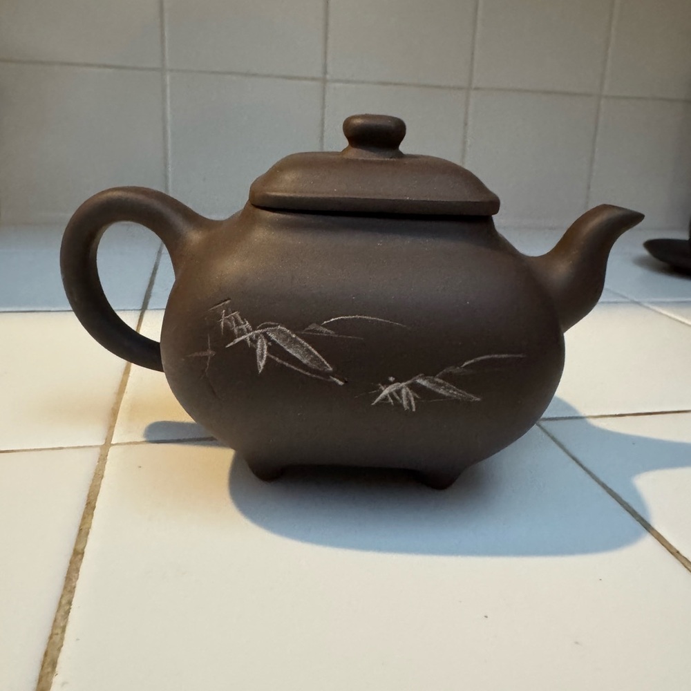 Purple Clay pot  hand made tea pot bamboo carved